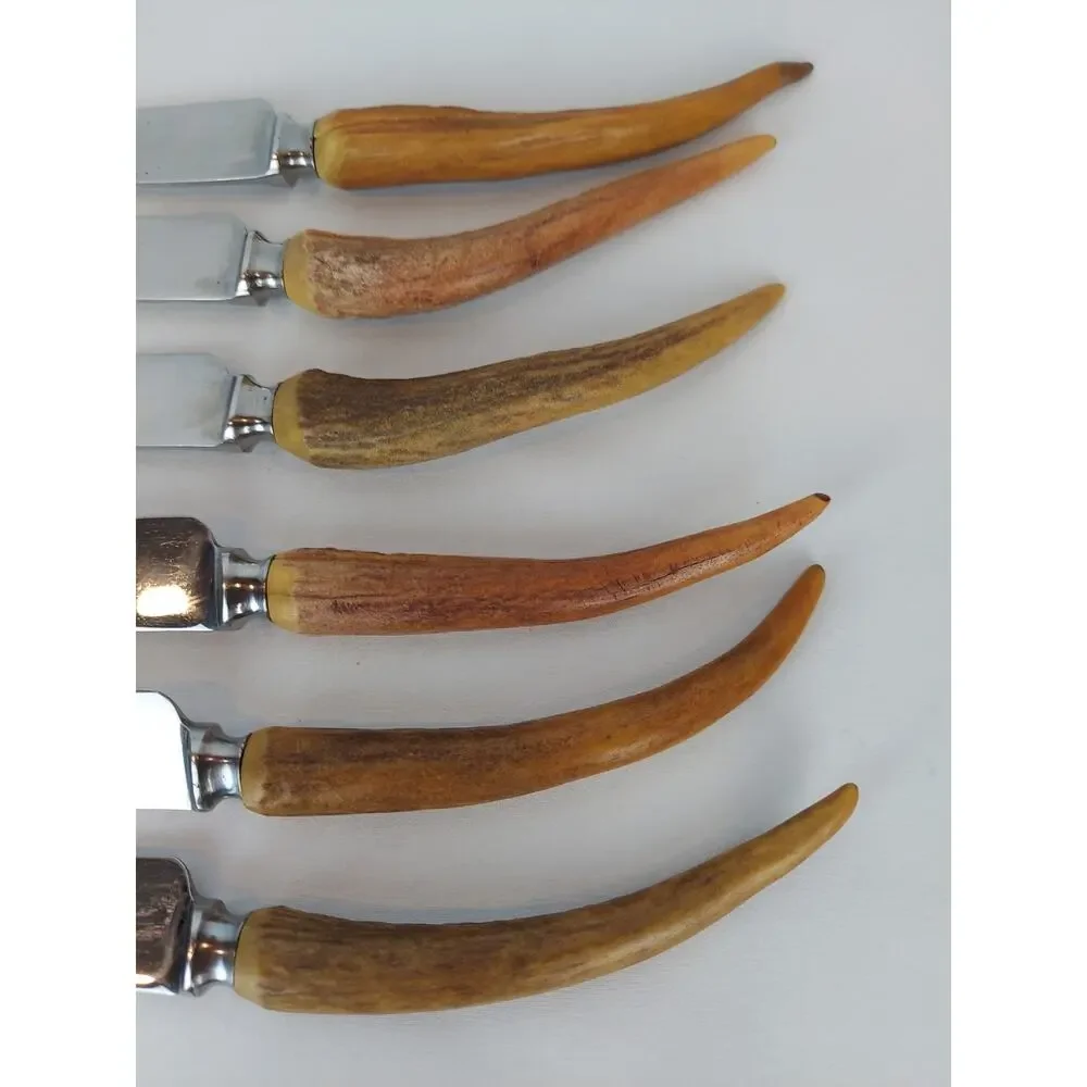 Henry Rogers Sons & Co Stainless Stag Antler Handles Vintage Steak Knife Set
